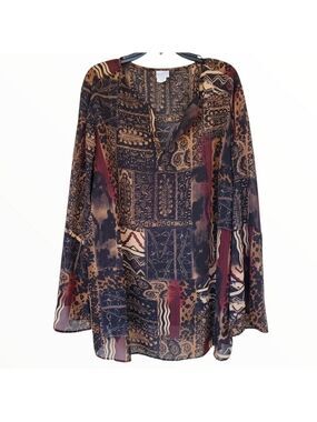 Studio C Plus sz 26 / 28 Tribal print sheer bell sleeve Earthy tones tunic